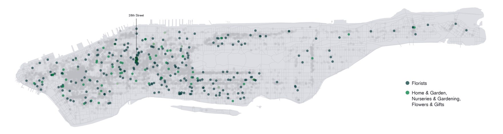 Map of Manhattan showing florists and garden businesses, including a cluster near 28th Street.